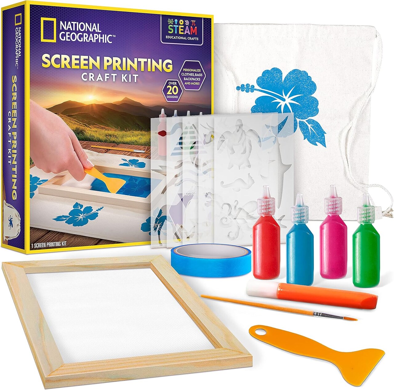 Arts and Crafts Silk Screen Printing Kit with Fabric Paint, Frame, Stencils